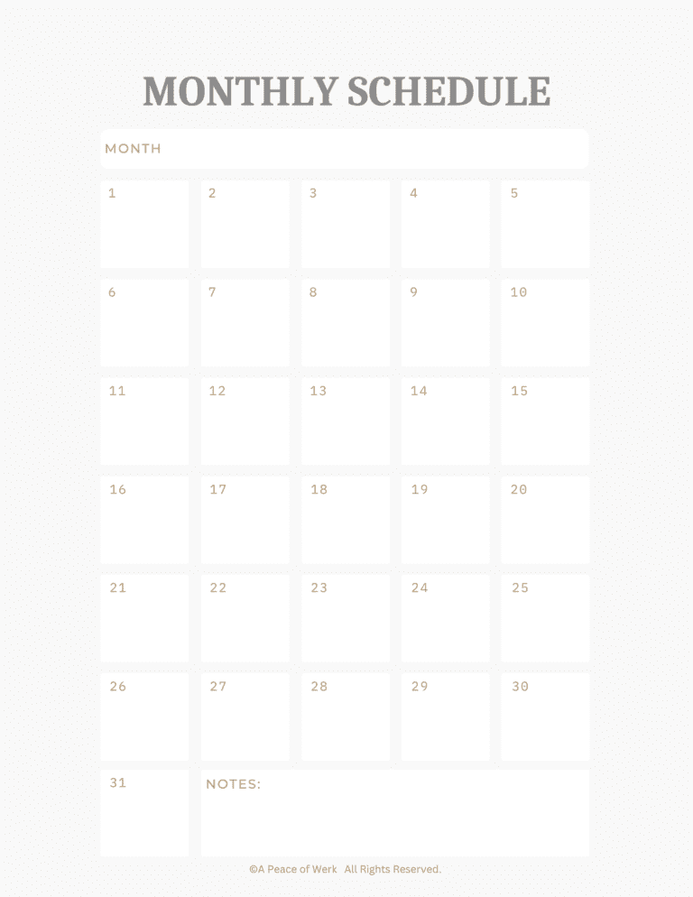 Free Printable Monthly Schedule A Peace Of Werk By Eliza Todd Free