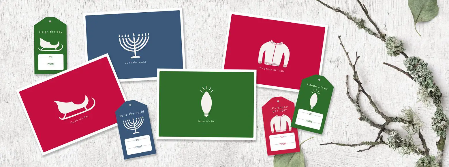 Set of 4 Holiday Greeting Cards and Matching Gift tags Simple clean design funny with puns