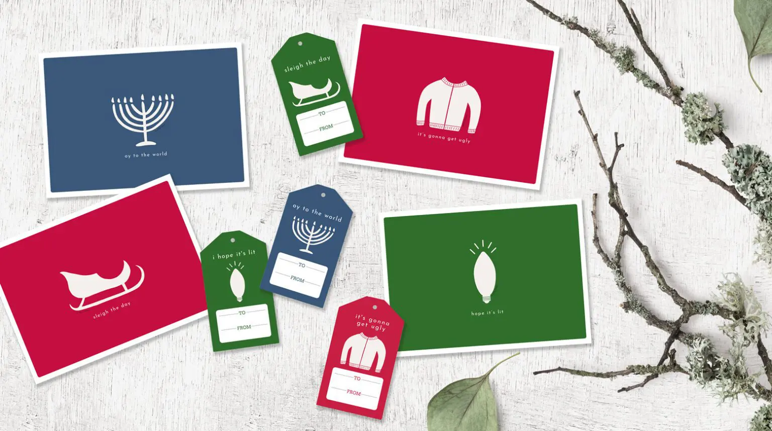 Set of 4 Holiday Greeting Cards and Matching Gift tags Simple clean design funny with puns