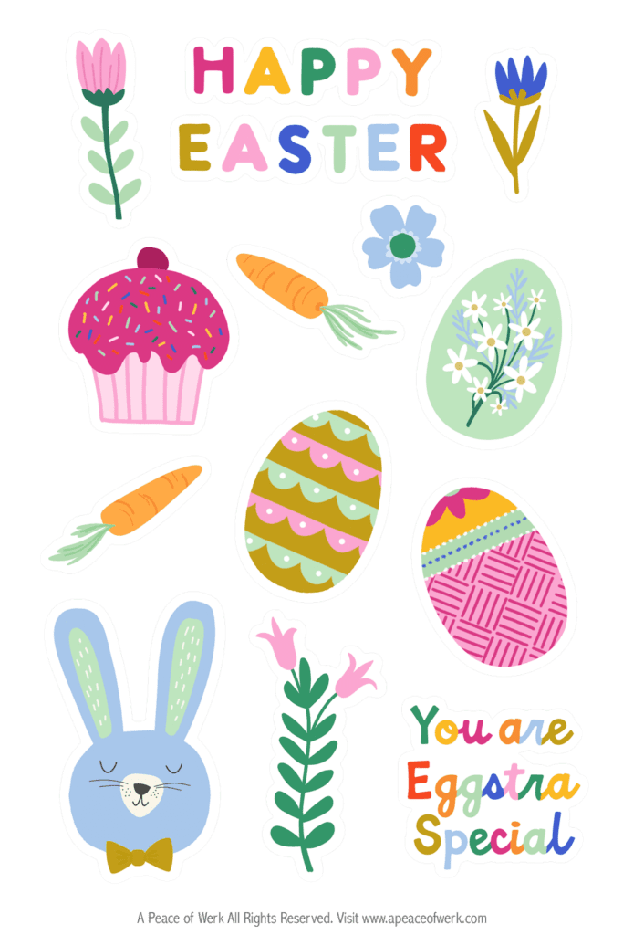 Free-Easter-Printable-Stickers with bunny flowers and easter eggs