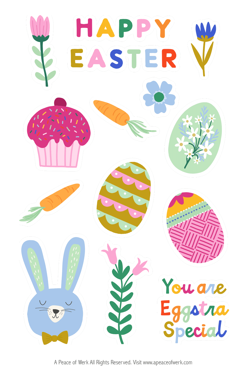 Free-Easter-Printable-Stickers with bunny flowers and easter eggs