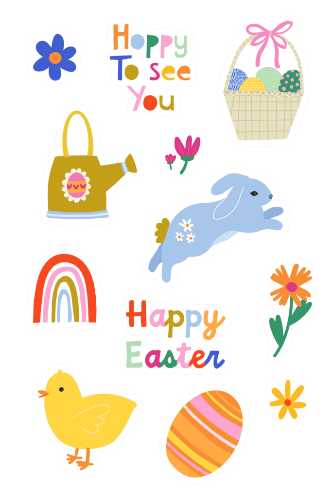 Free-Easter-Printable-Stickers with bunny flowers and easter eggs