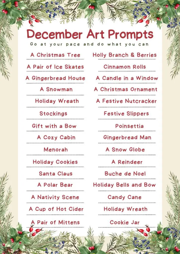 a month of Art prompts with a winter and holiday theme