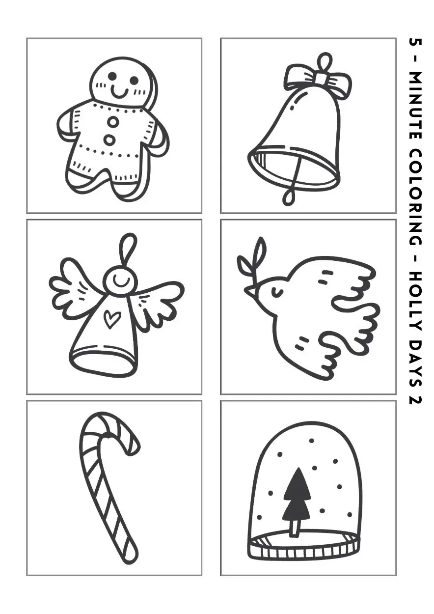 gingerbread man, bell, candy cane peace dove mini coloring page