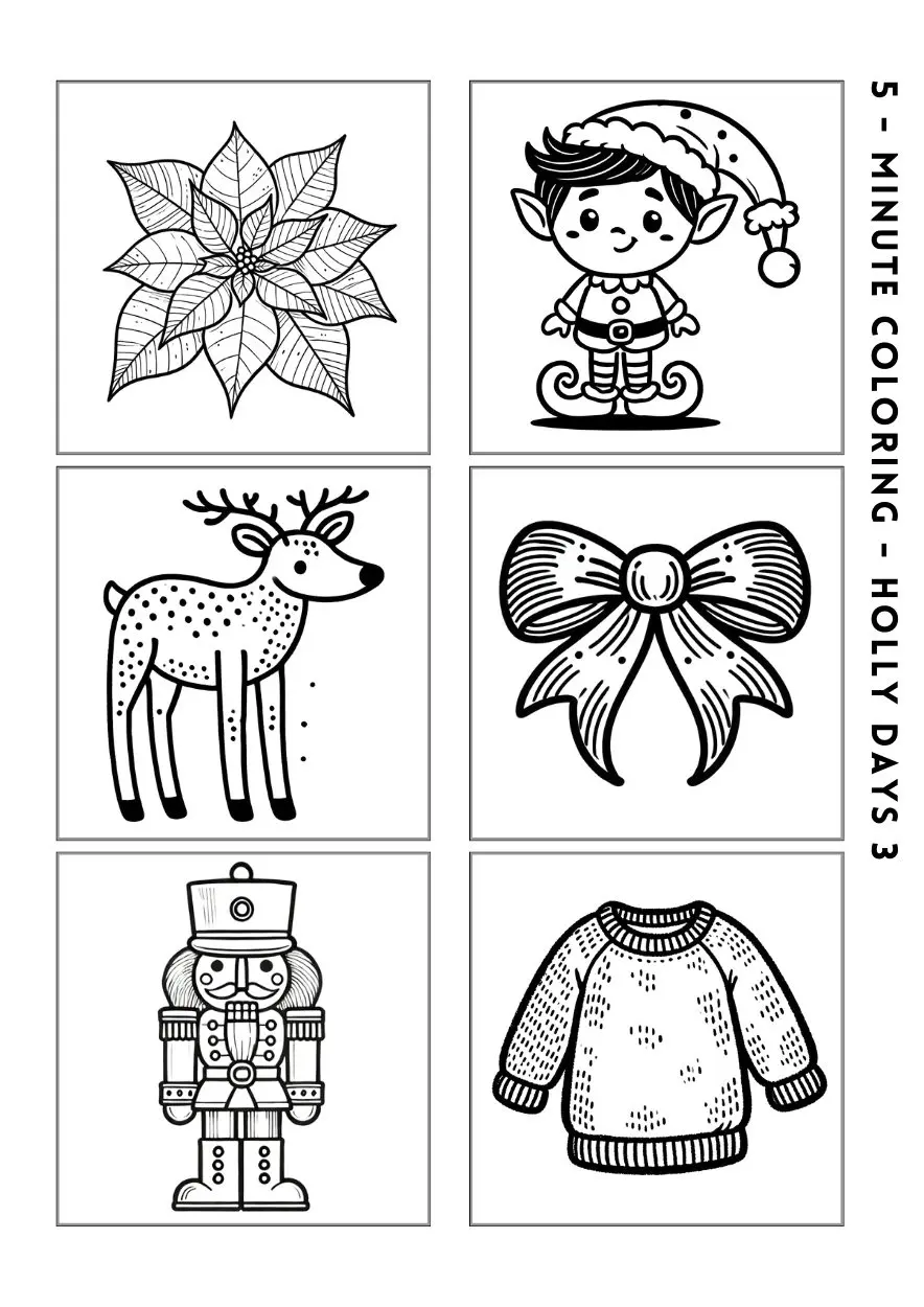 bow, sweater, elf, nutcracker, poinsettia mini coloring images