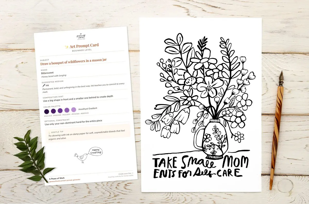 Art Prompt Generator interface showing Creative Mode with category selection, medium options, palette styles and color choices