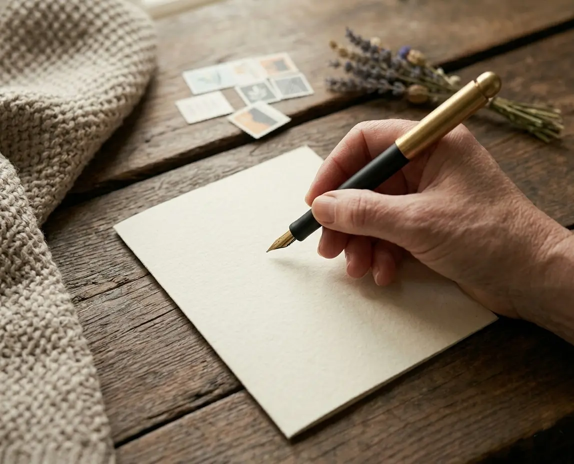 A hand writing a thinking of you card message on a table with warm light