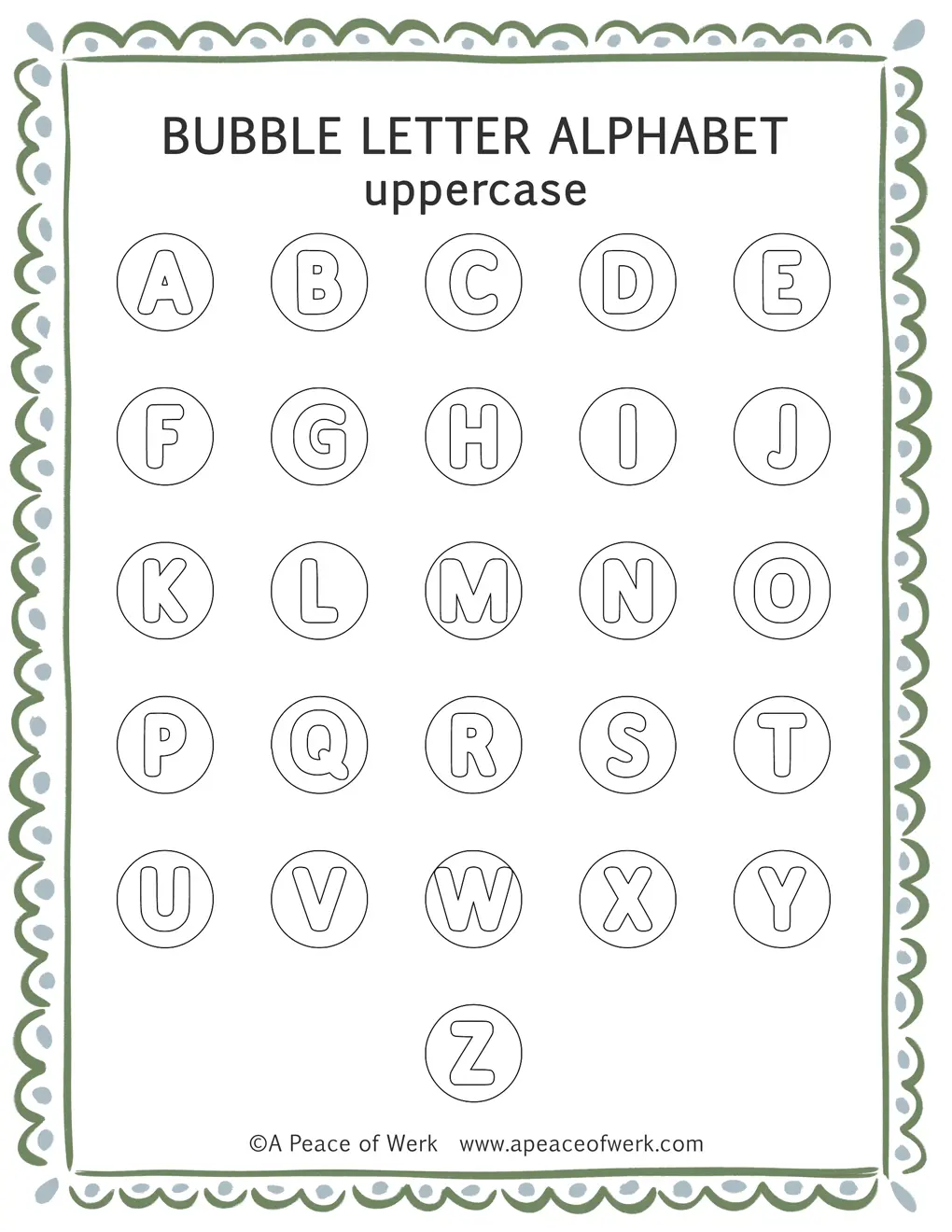 free printable circle bubble letters A-Z template sheet, hand-drawn by A Peace of Werk