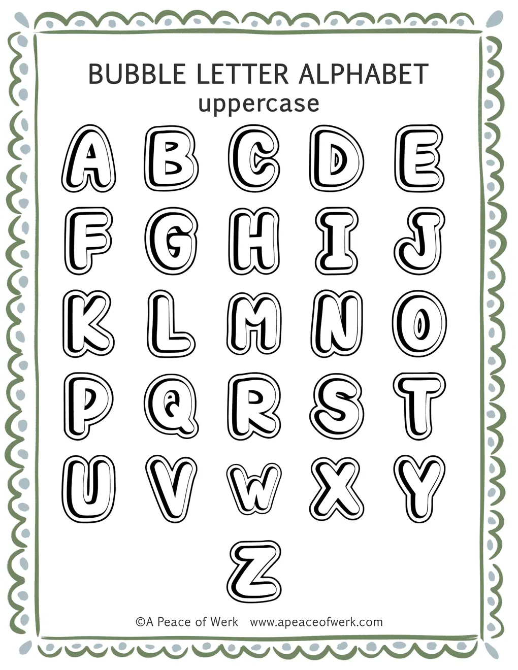 Creative outline bubble letter alphabet template showing all 26 decorative letters A-Z, free printable by A Peace of Werk