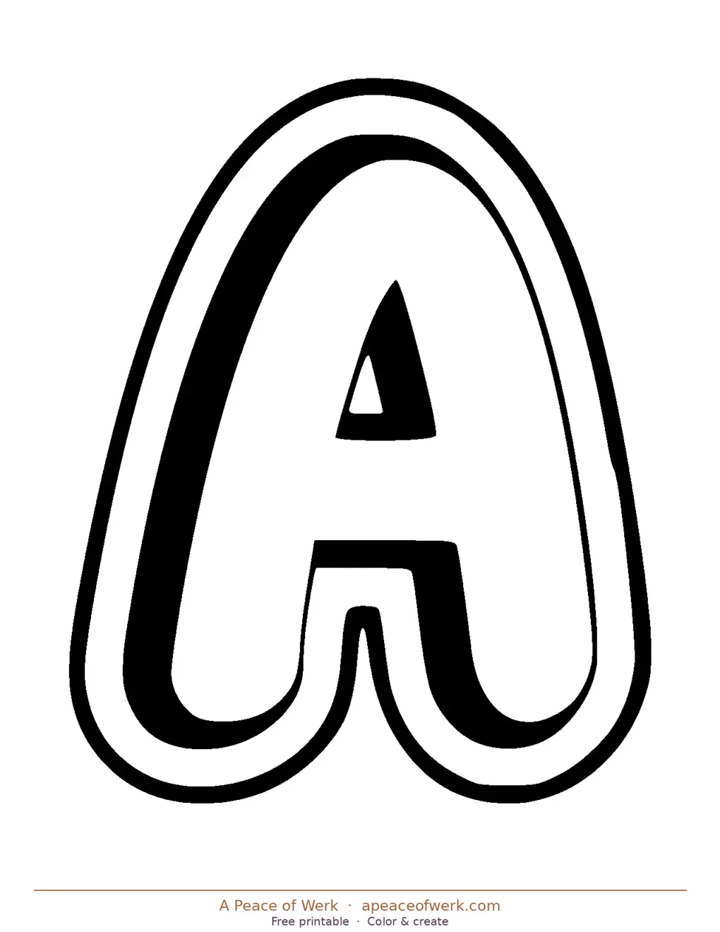 Printable creative outline bubble letter A with decorative inner detail — free fancy bubble letter by A Peace of Werk