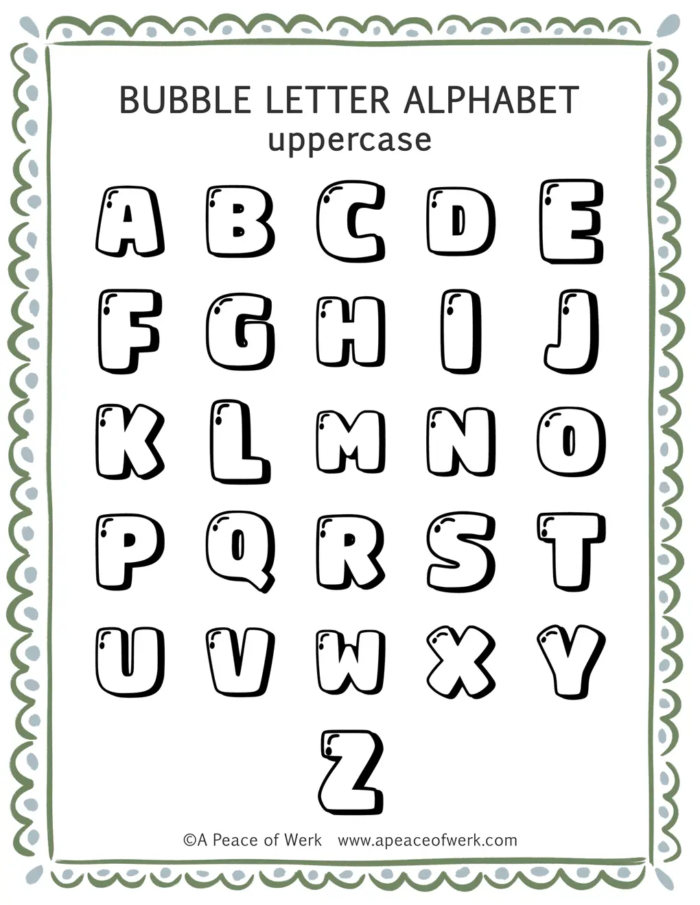 Free printable double bubble letter template sheet A-Z by A Peace of Werk