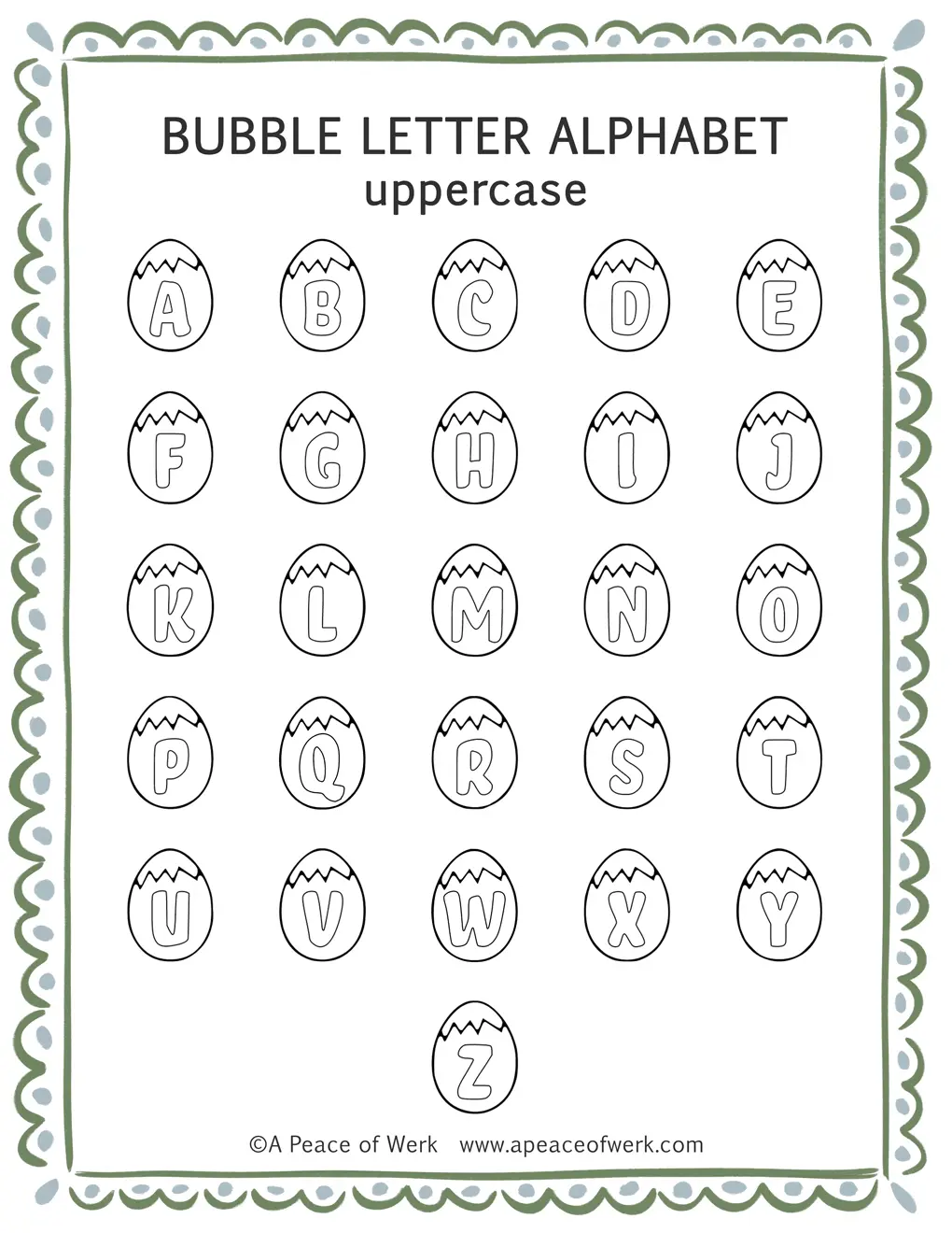 Easter egg bubble letter alphabet template showing all 26 rounded egg-shaped letters A-Z, free printable by A Peace of Werk