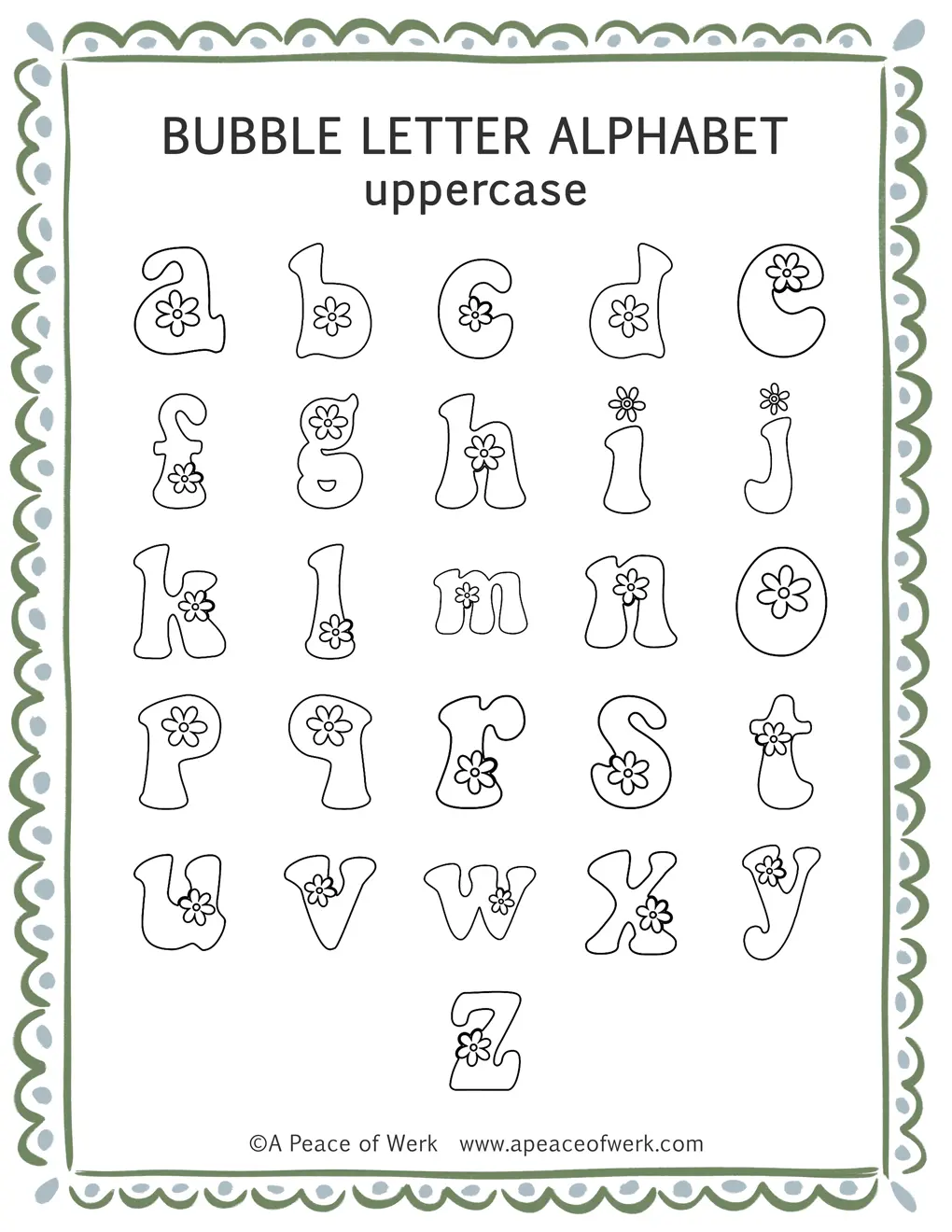 free printable funky flower lowercase bubble letters a-z template sheet, hand-drawn by A Peace of Werk