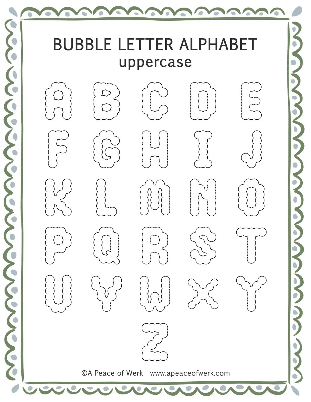 Gaming bubble letter alphabet template showing all 26 bold letters A-Z in a gamer style, free printable by A Peace of Werk
