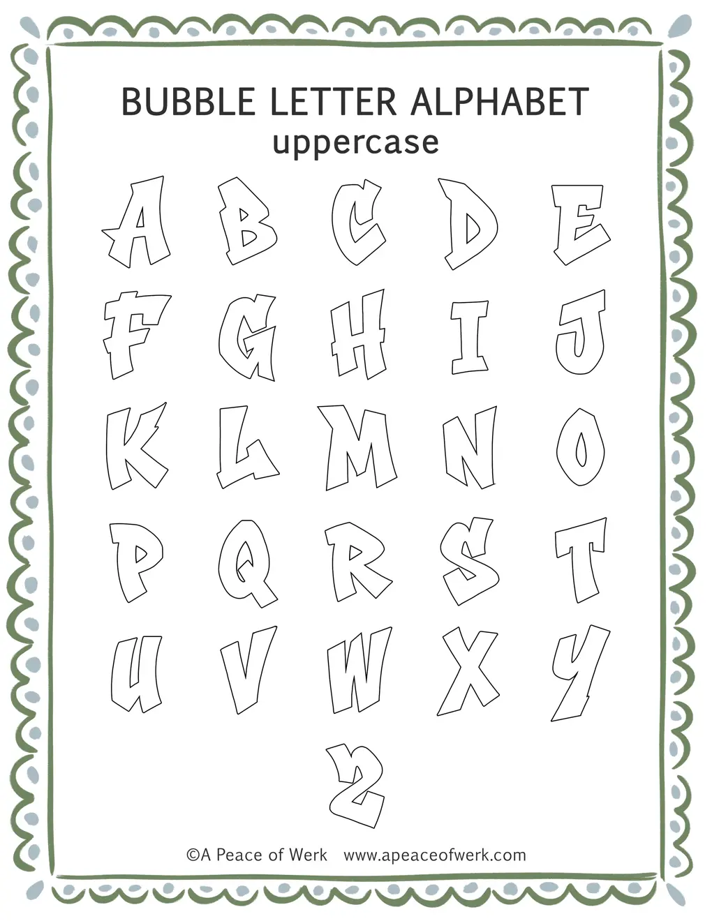 Free printable graffiti bubble letters A-Z template sheet showing all 26 letters