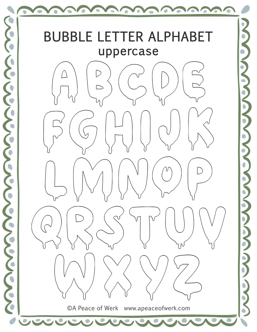 Halloween bubble letter alphabet template showing all 26 drip-style letters A-Z, free printable by A Peace of Werk