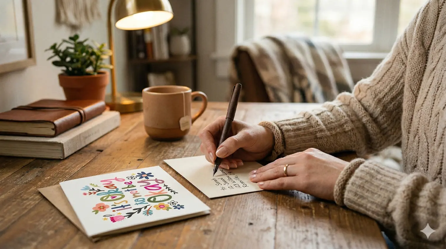 Woman writing a heartfelt message in a greeting card at a wooden desk
