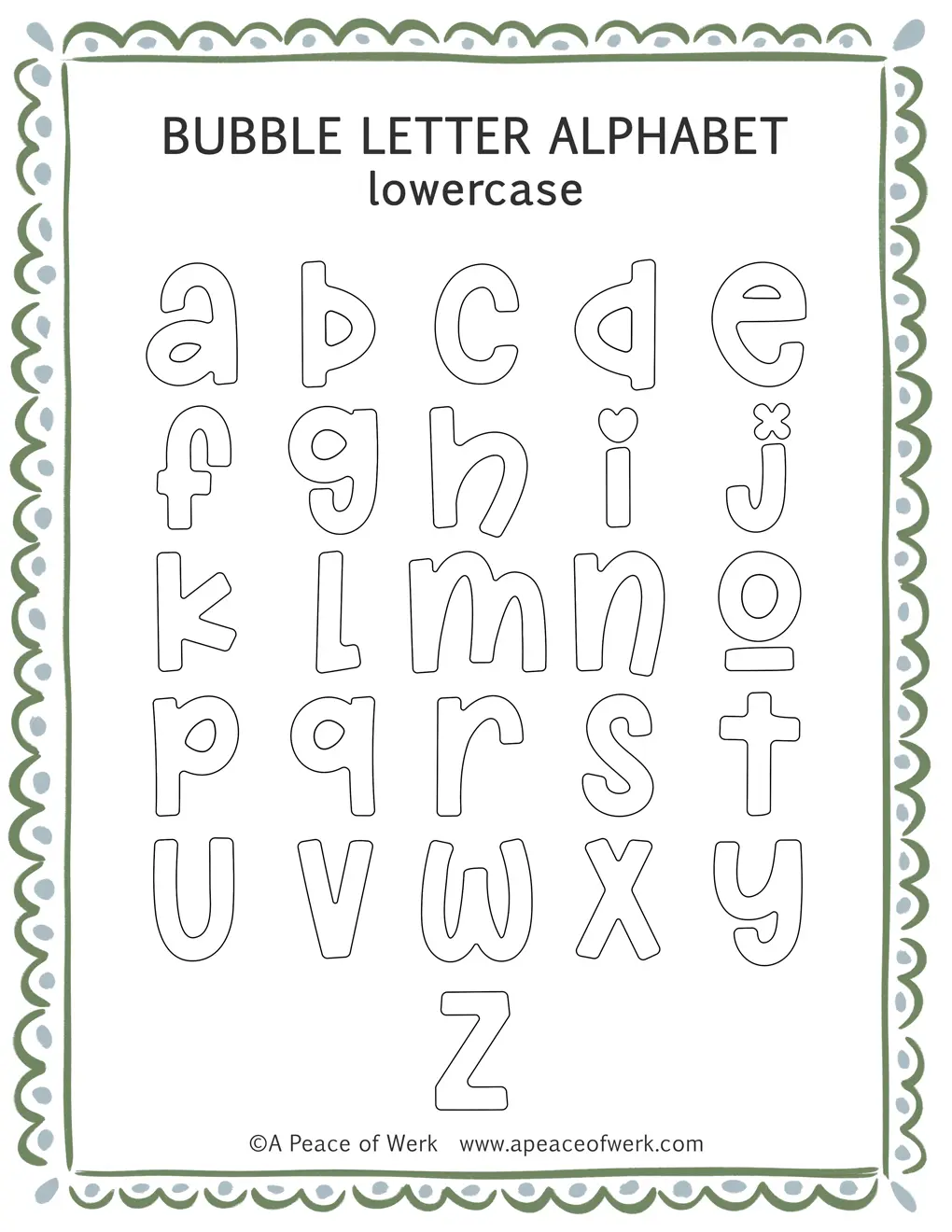 Free printable jungle bubble letters lowercase a-z template sheet showing all 26 letters