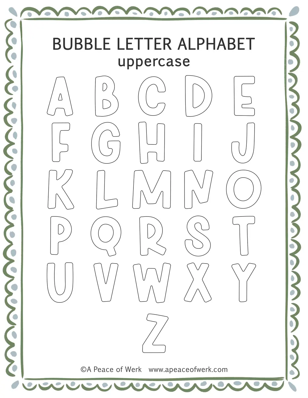 Free printable jungle bubble letters uppercase A-Z template sheet showing all 26 letters