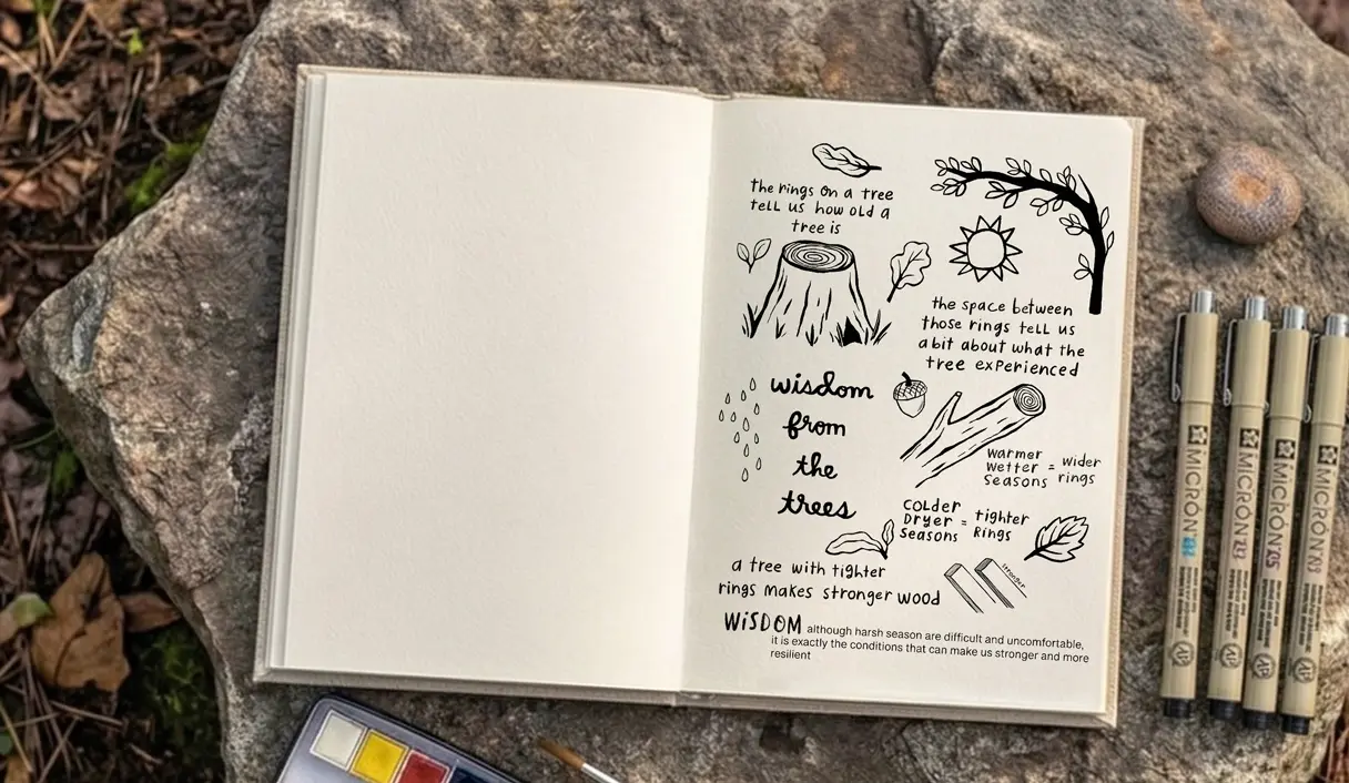Nature journal with hand-drawn tree ring illustrations and handwritten notes about wisdom from trees