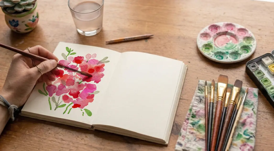 Hand painting watercolor flowers in a sketchbook - things to draw when bored