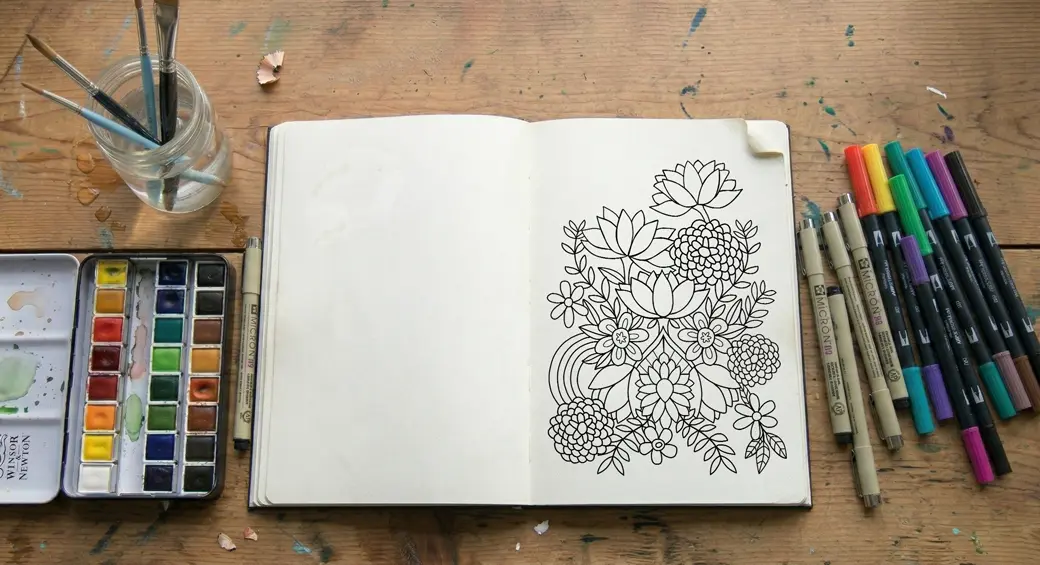 Open sketchbook with floral line drawings and colorful markers for drawing when bored