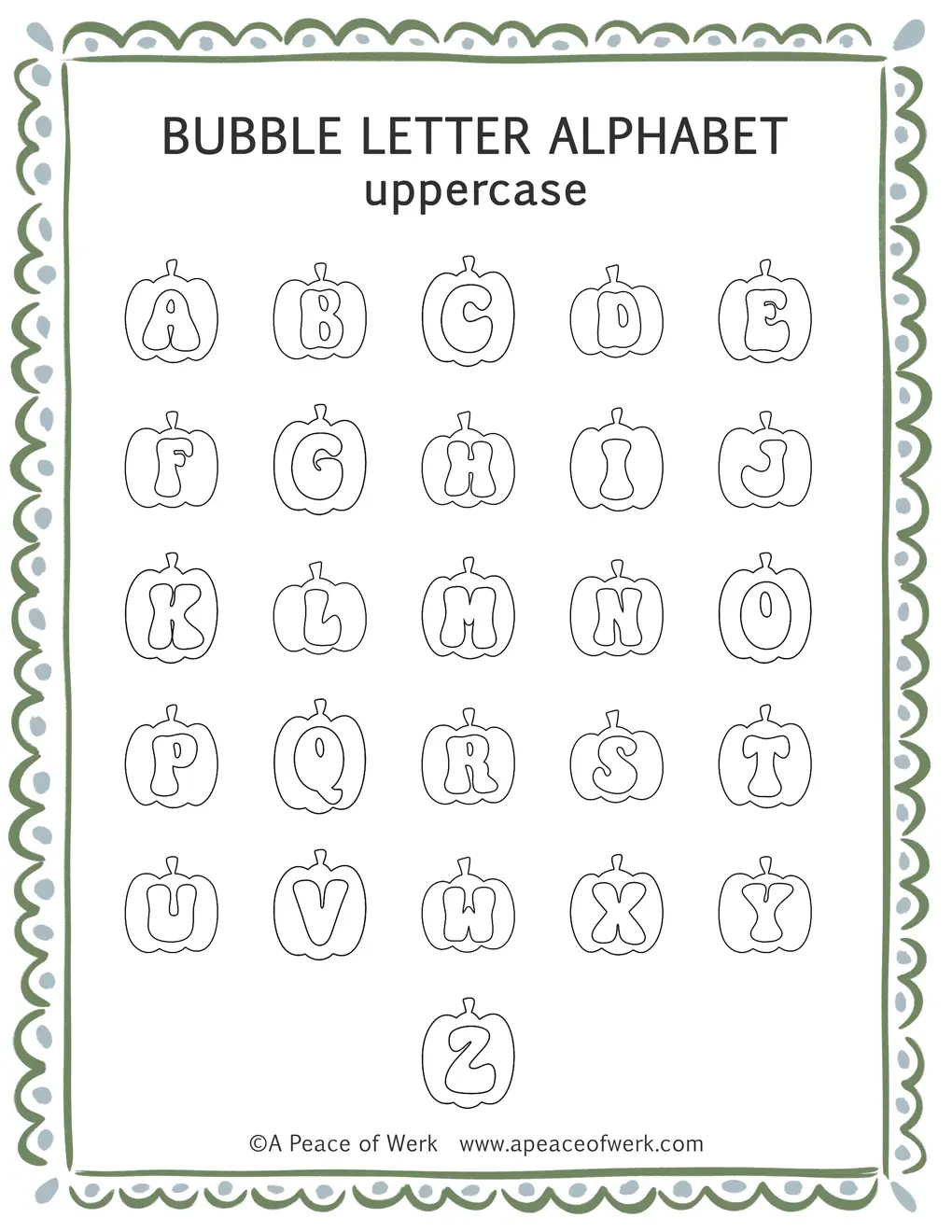 Pumpkin bubble letter alphabet template showing all 26 uppercase letters A-Z in a rounded fall style, free printable by A Peace of Werk