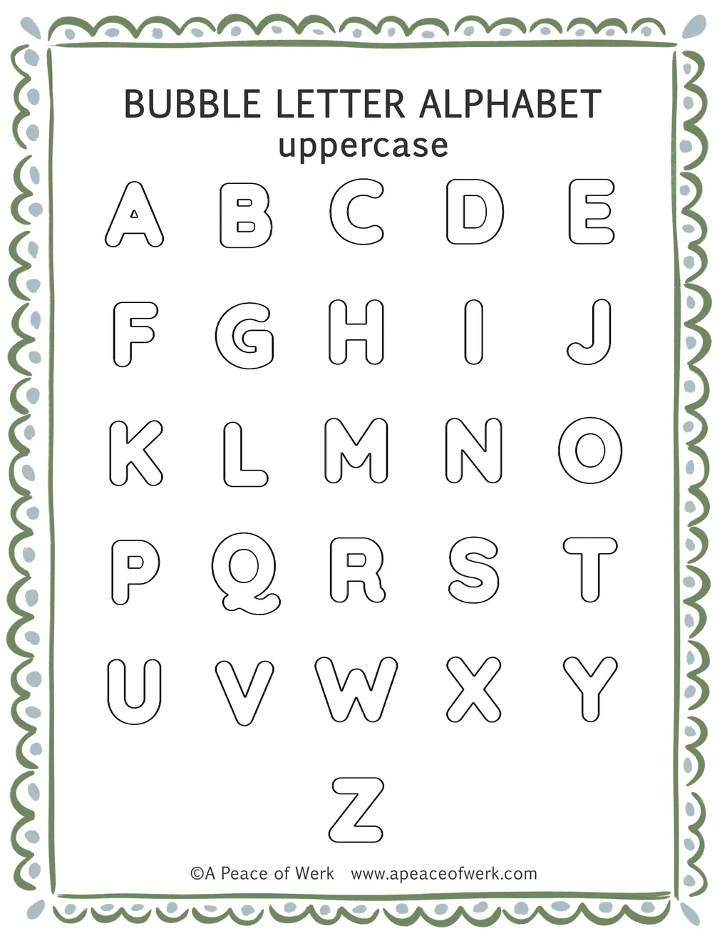 Simple bubble letter alphabet template showing all 26 easy rounded letters A-Z, free printable by A Peace of Werk