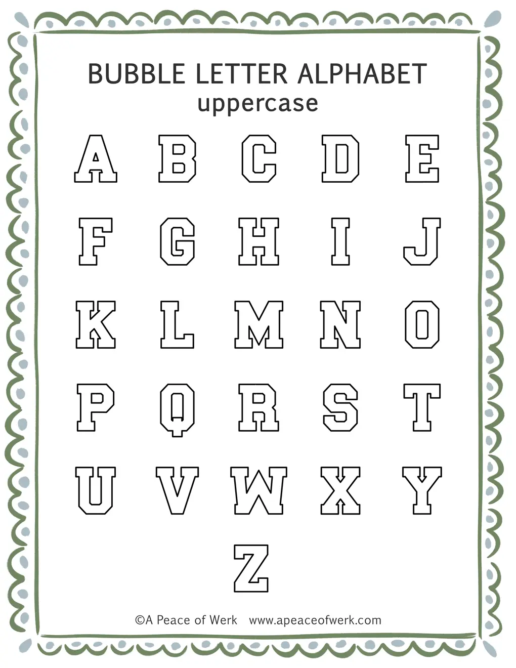 Free printable varsity bubble letters A-Z template sheet showing all 26 letters