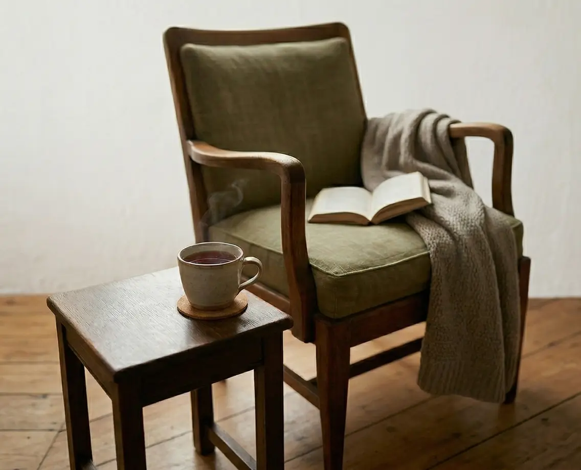 An empty armchair with a steaming cup of tea on a side table beside it