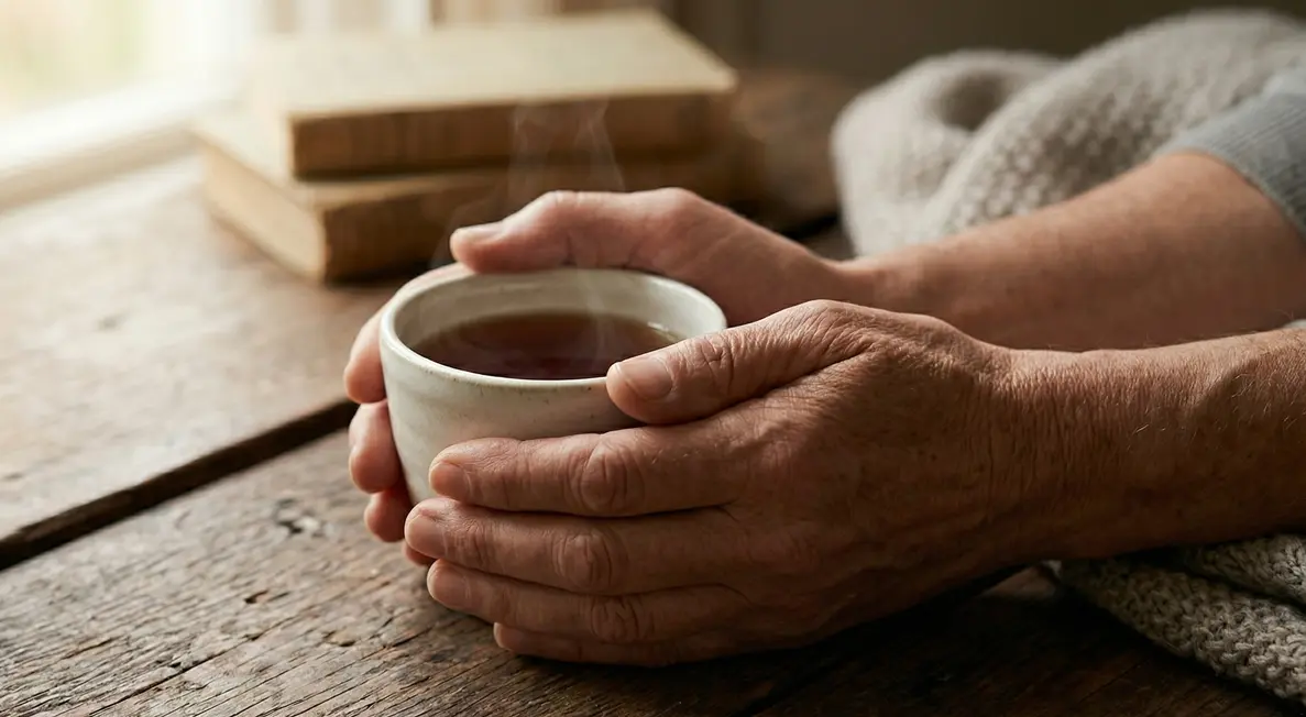 Hands wrapped around a warm cup of tea on a wooden table