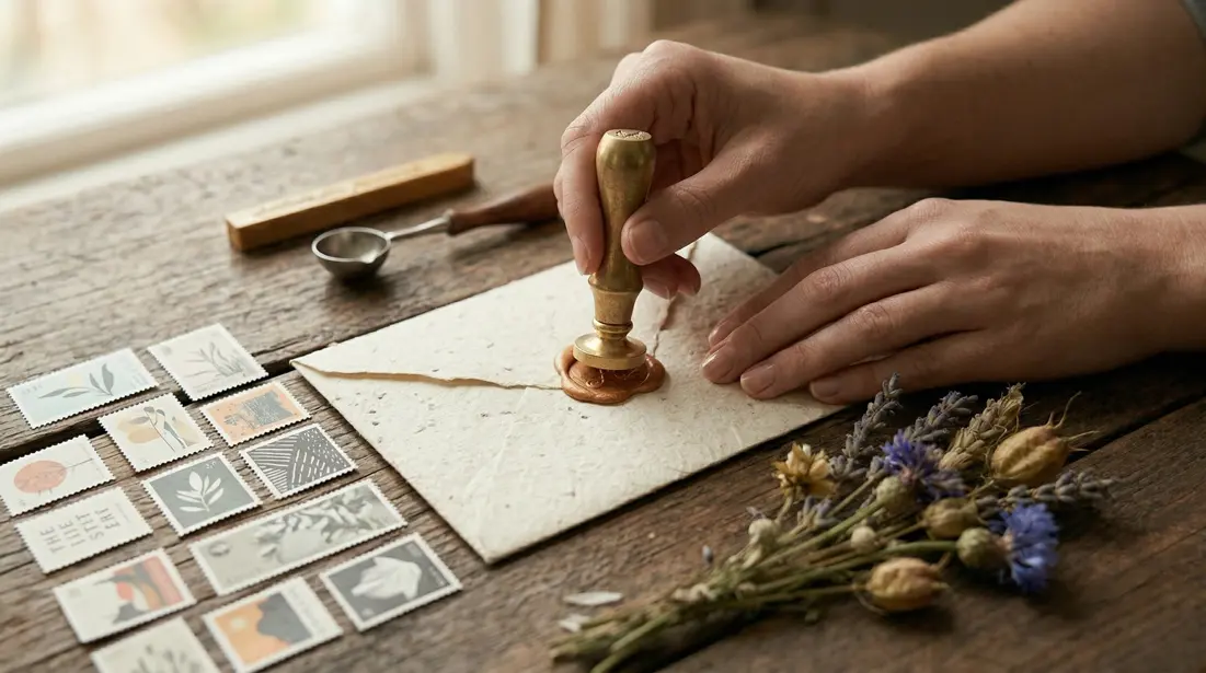 Sealing an envelope for a thinking of you card, a quiet act of connection