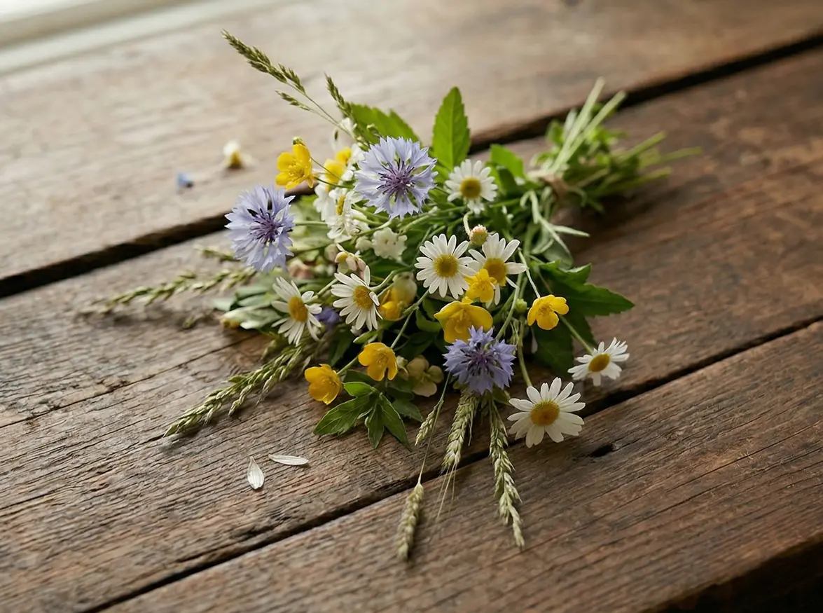 A small bunch of wildflowers laid on a wooden table