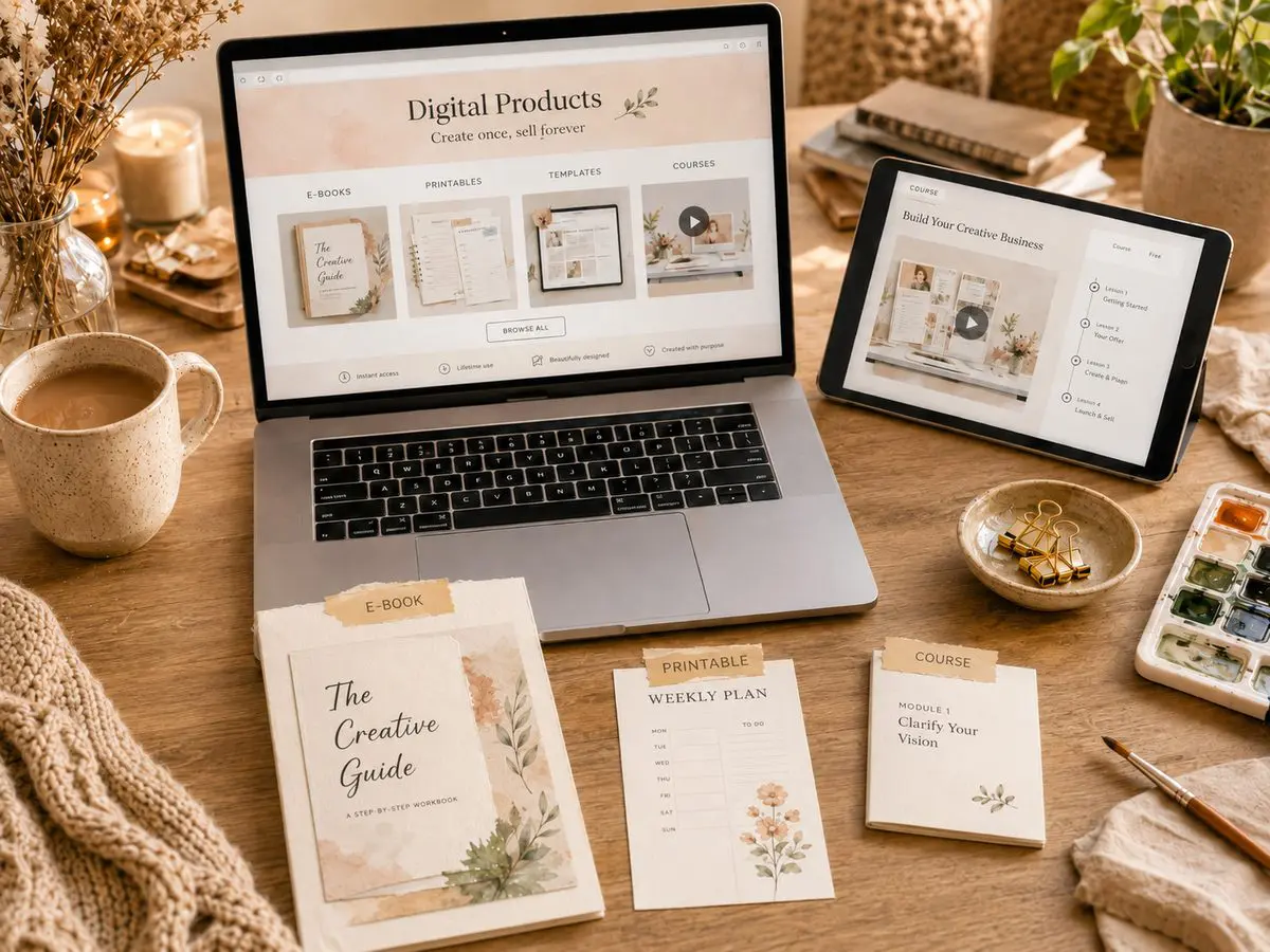 Digital products like e-books, printables, design templates,