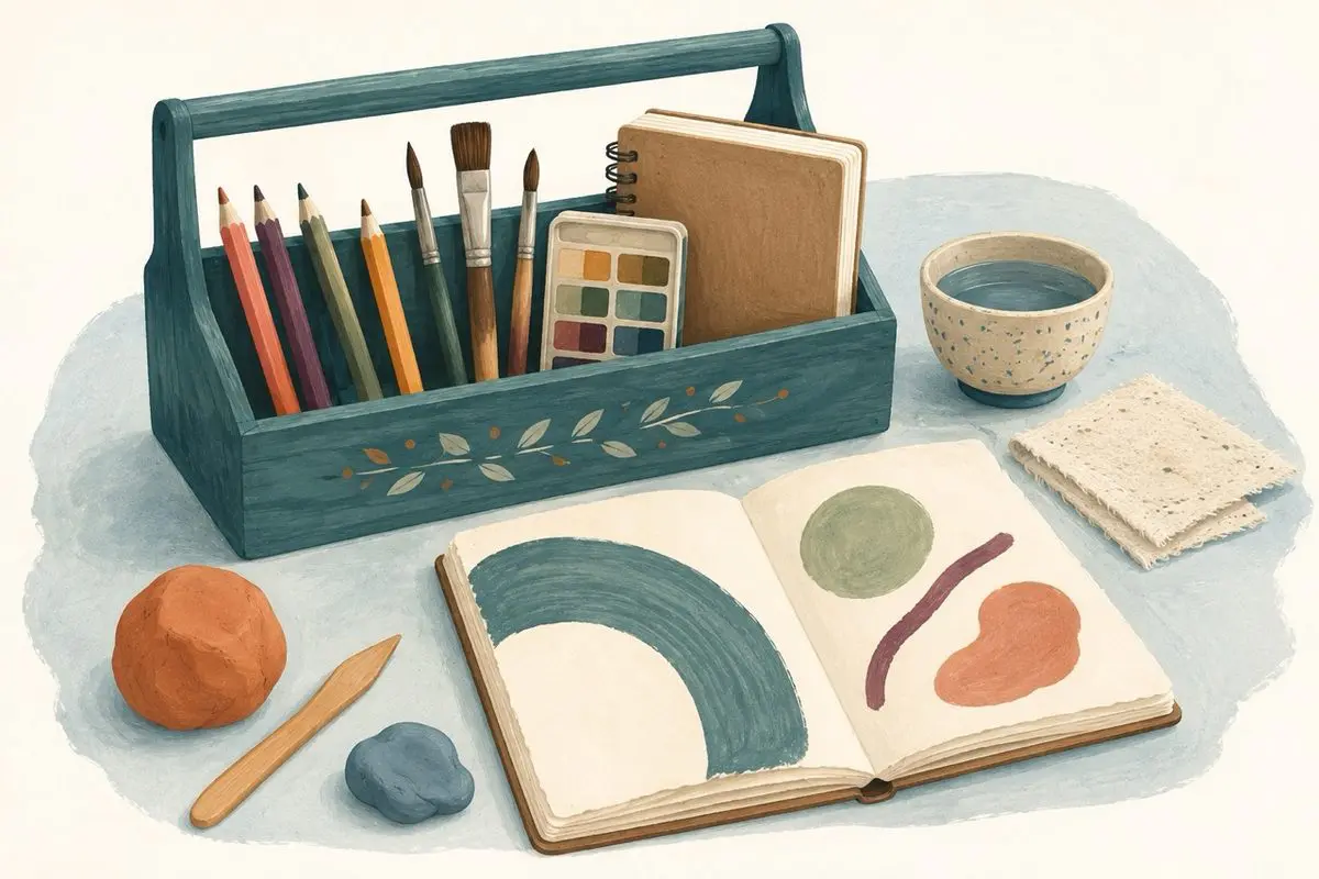 Best art therapy tools — a toolbox of brushes, pencils, clay and a sketchbook