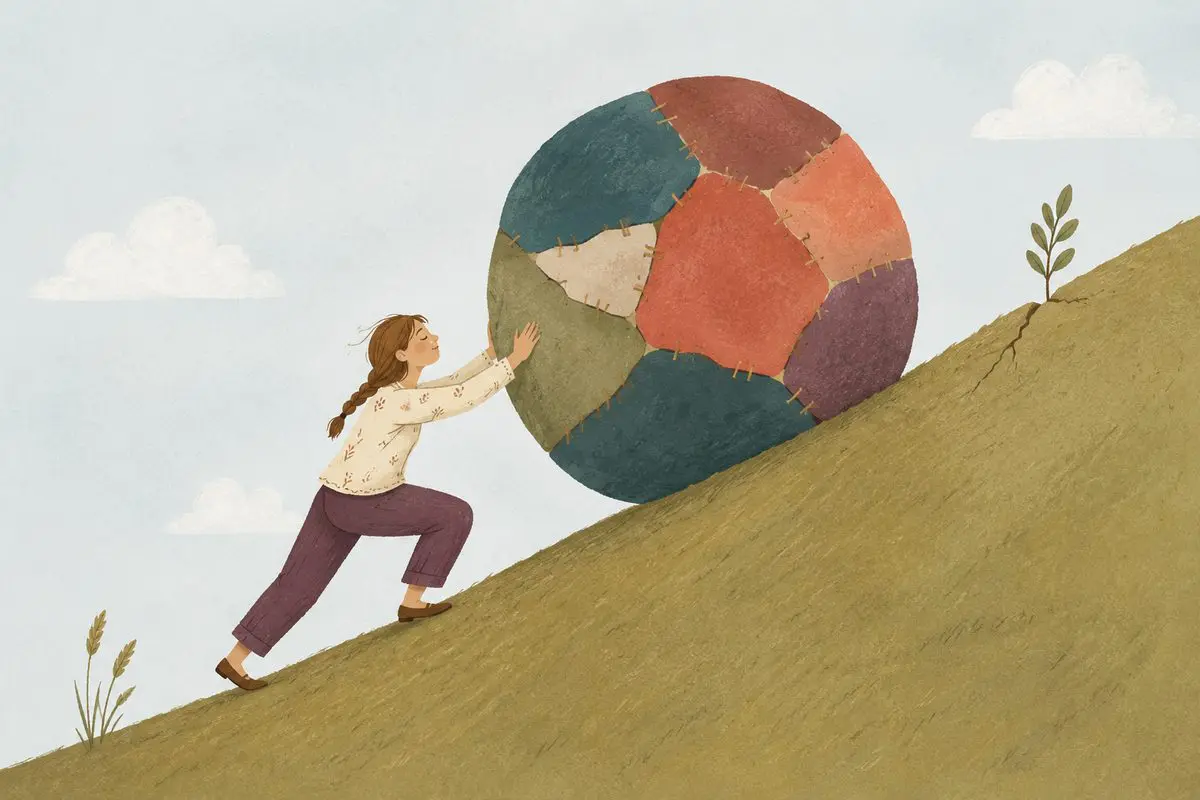 Awaken your inner fighter — pushing a patchwork boulder up the hill