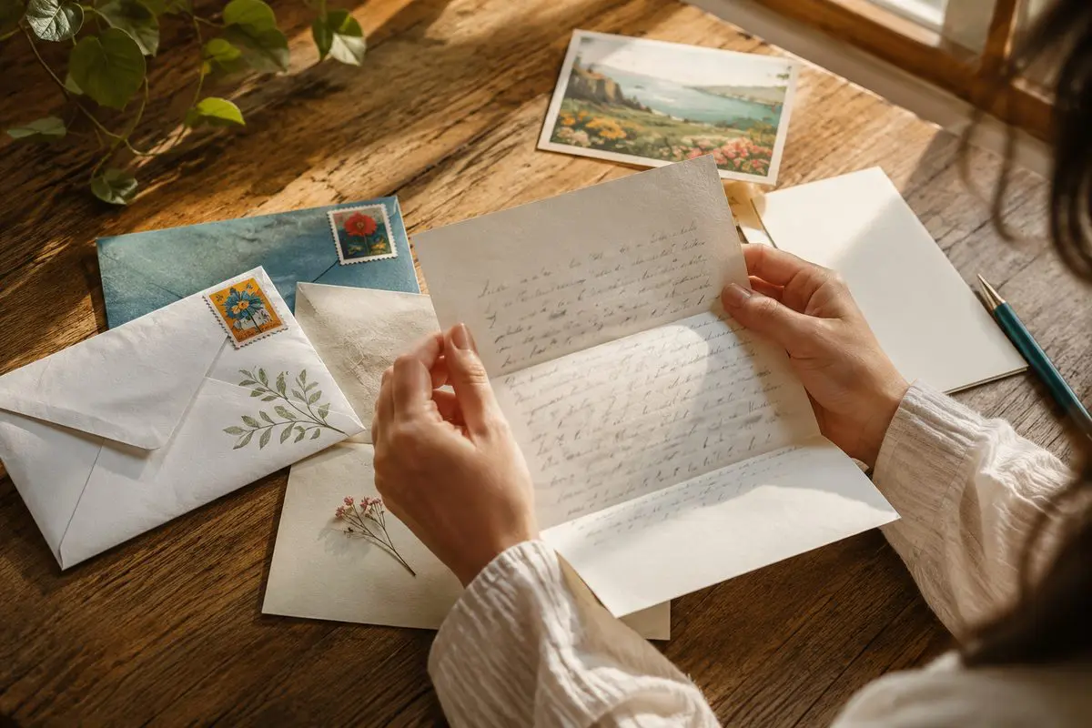 How becoming a pen pal can change your life — reading a handwritten letter among envelopes and postcards