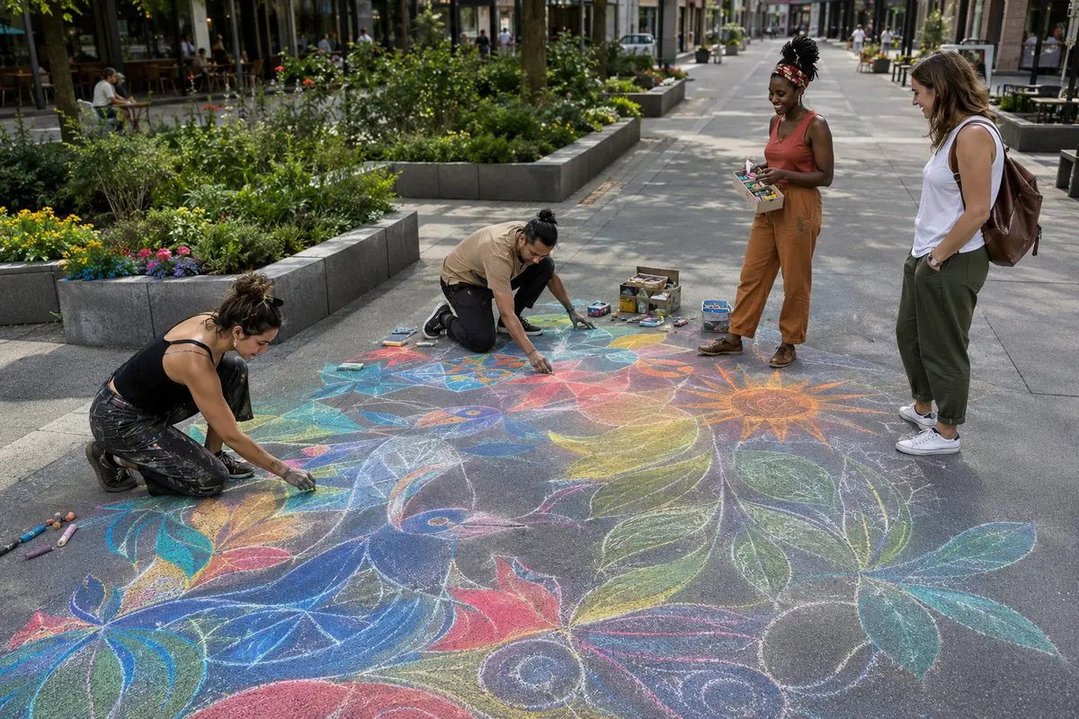 Street art in action — friends creating a colorful chalk mural on a city plaza