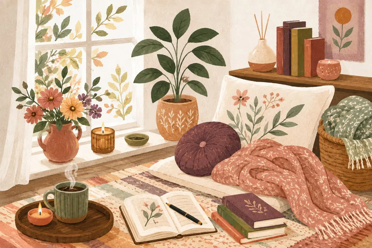 Creating a cherished space for personal well-being — a cozy corner with journal, tea, and candlelight
