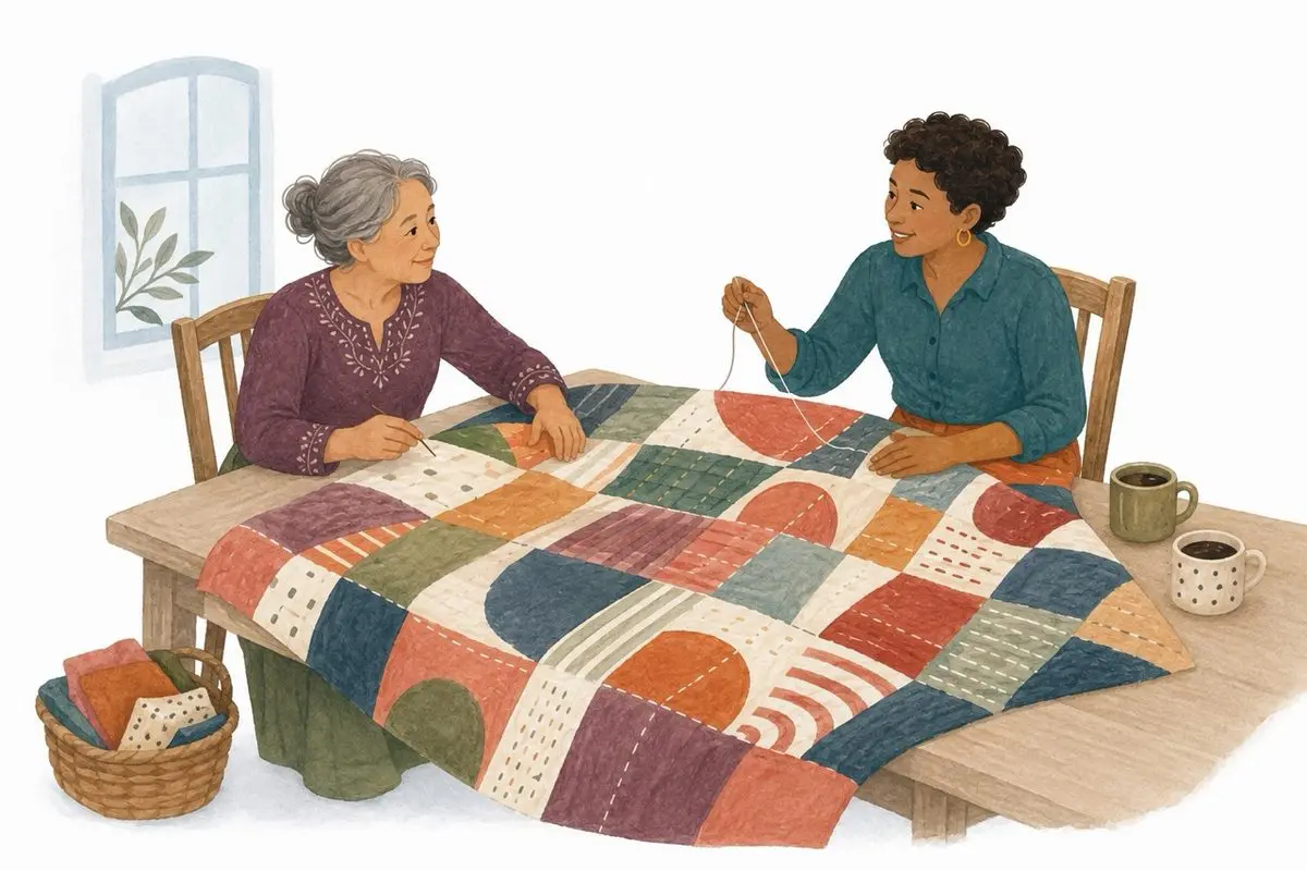 Creativity helps us feel less lonely — two friends quilting together at the table