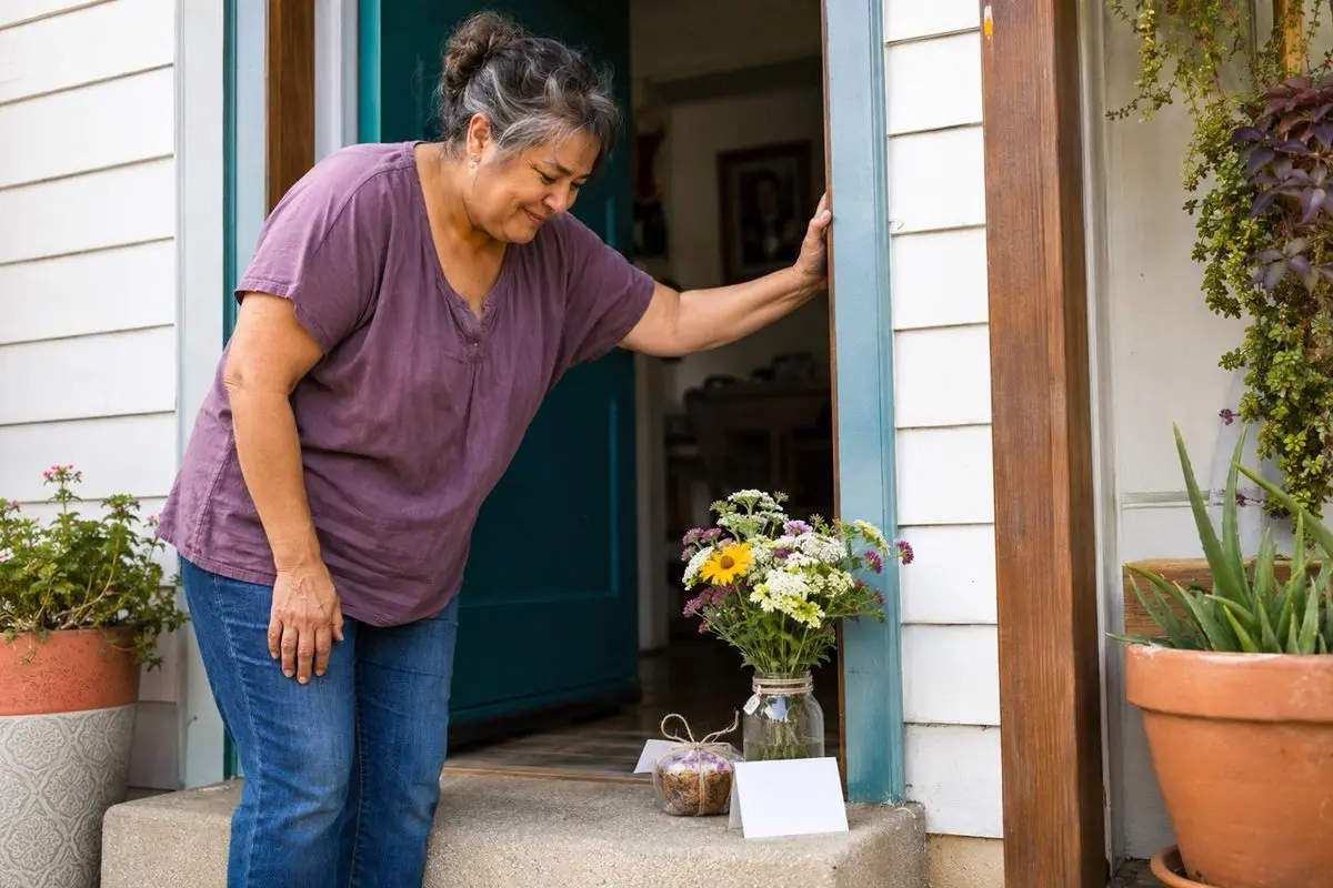 Send a care package — flowers and a note left on a doorstep