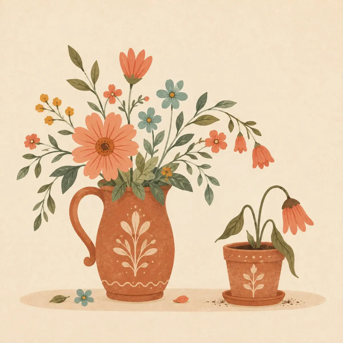 Key traits of echoism — a full vase beside a wilting potted flower, giving more than you keep