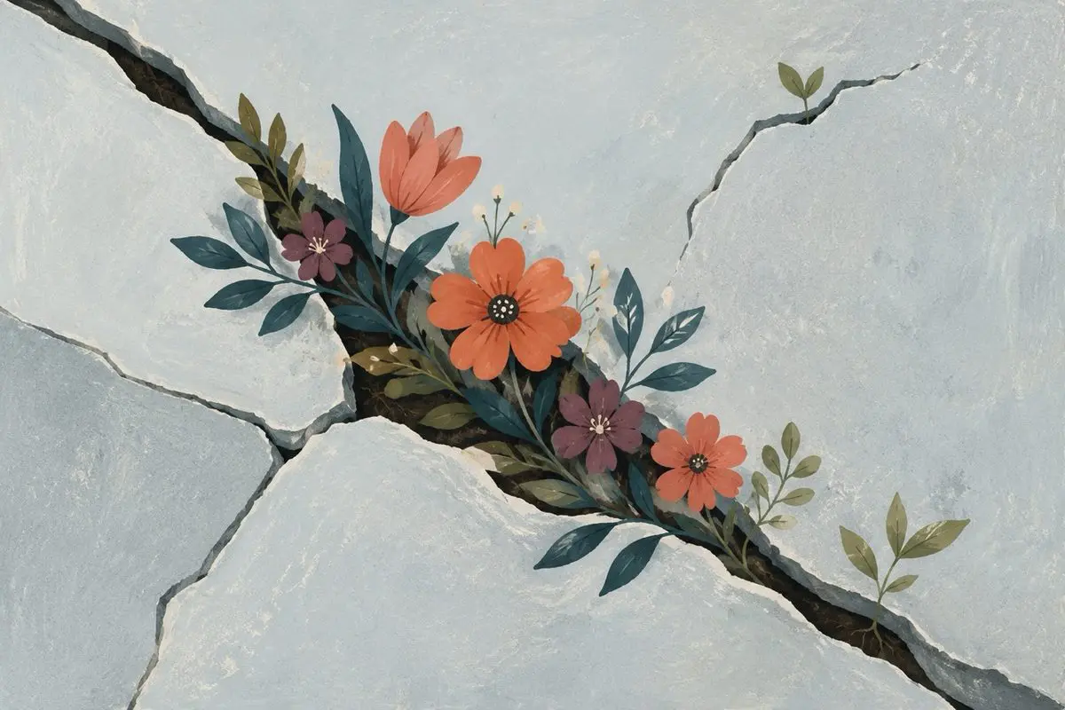 Resilience — flowers blooming through cracked stone