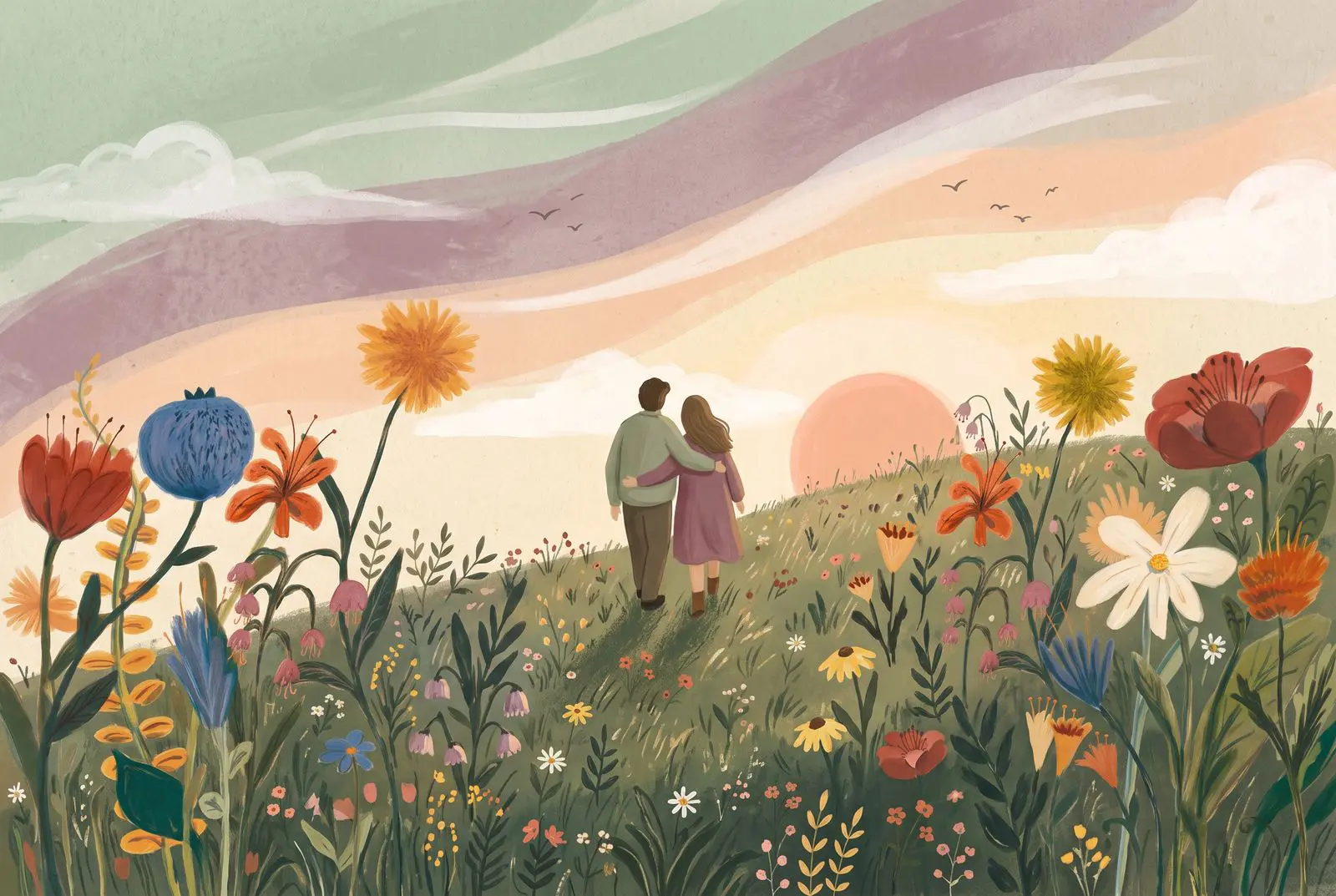 A couple walking arm in arm through a wildflower meadow toward sunrise, healing and reconnecting after anger in their relationship