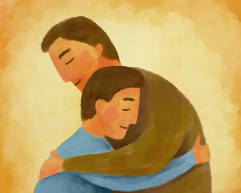 A tender, forgiving embrace Two people embracing tenderly, symbolizing forgiveness and reconciliation after conflict