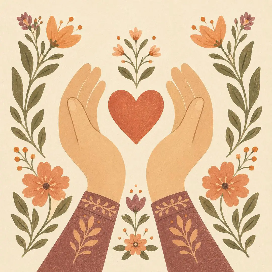 Hands cradling a heart Open hands cradling a heart among flowers, symbolizing emotional balance and compassion in relationships