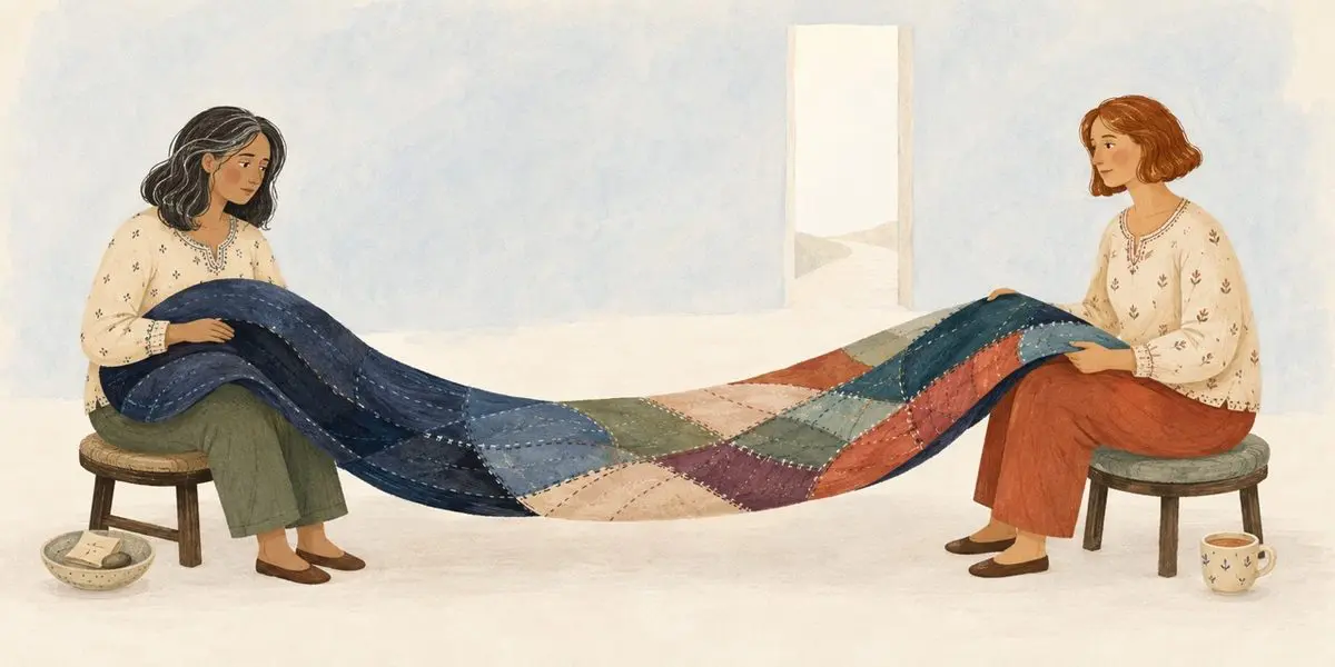 Healthy grieving — two friends holding a memory quilt between them