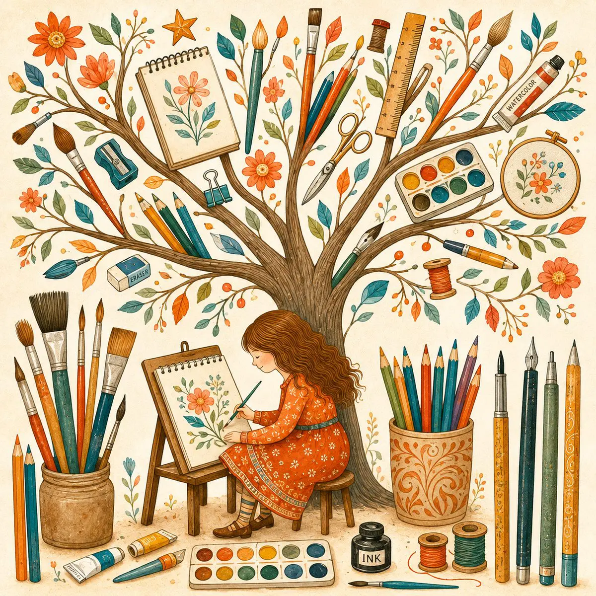 Inner child healing — a girl painting beneath a tree blooming with art supplies