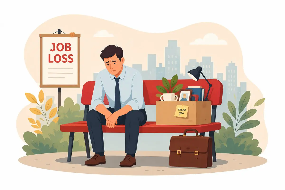 A man sitting on a bench beside a box of office belongings with a Job Loss sign, coping with the emotions of losing a job