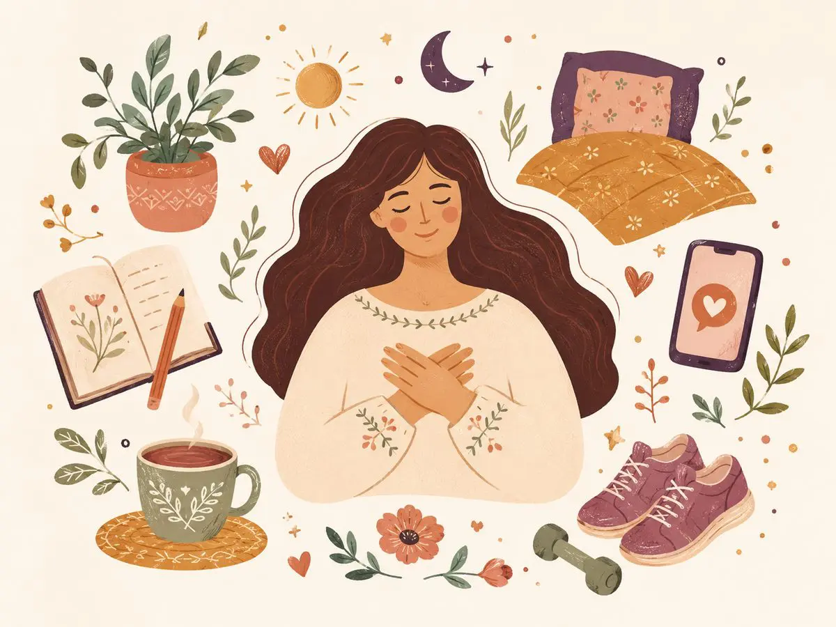 Taking time for yourself A painterly illustration of a woman with hands on her heart surrounded by self-care symbols like a plant, tea, journal and sneakers, taking time for herself